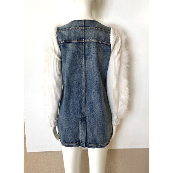 Womens Denim Top or Jacket w Rabbit Fur Knit Ribbed Sleeves Snap Down S Sz 4 - Picture 3 of 10
